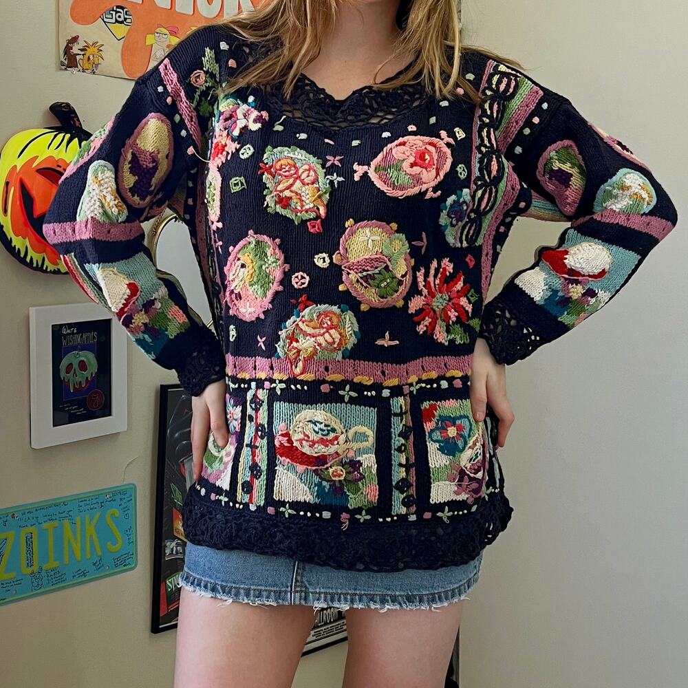 Vintage 1980s My Navy Blue Crochet Sweater Size Large Chunky Knit